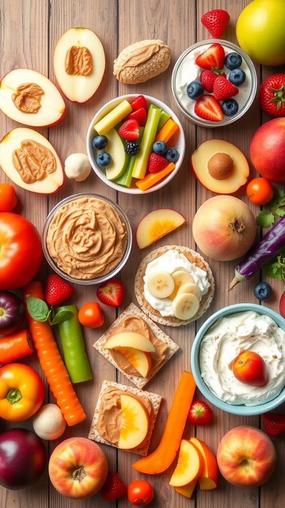 A selection of healthy snacks including apple with almond butter, Greek yogurt with berries, veggies with hummus, rice cakes with peanut butter, and cottage cheese with peaches.